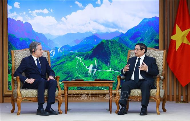 Thủ tướng Phạm Minh Chính tiếp Bộ trưởng Ngoại giao Hoa Kỳ Antony Blinken. Ảnh: Dương Giang-TTXVN
